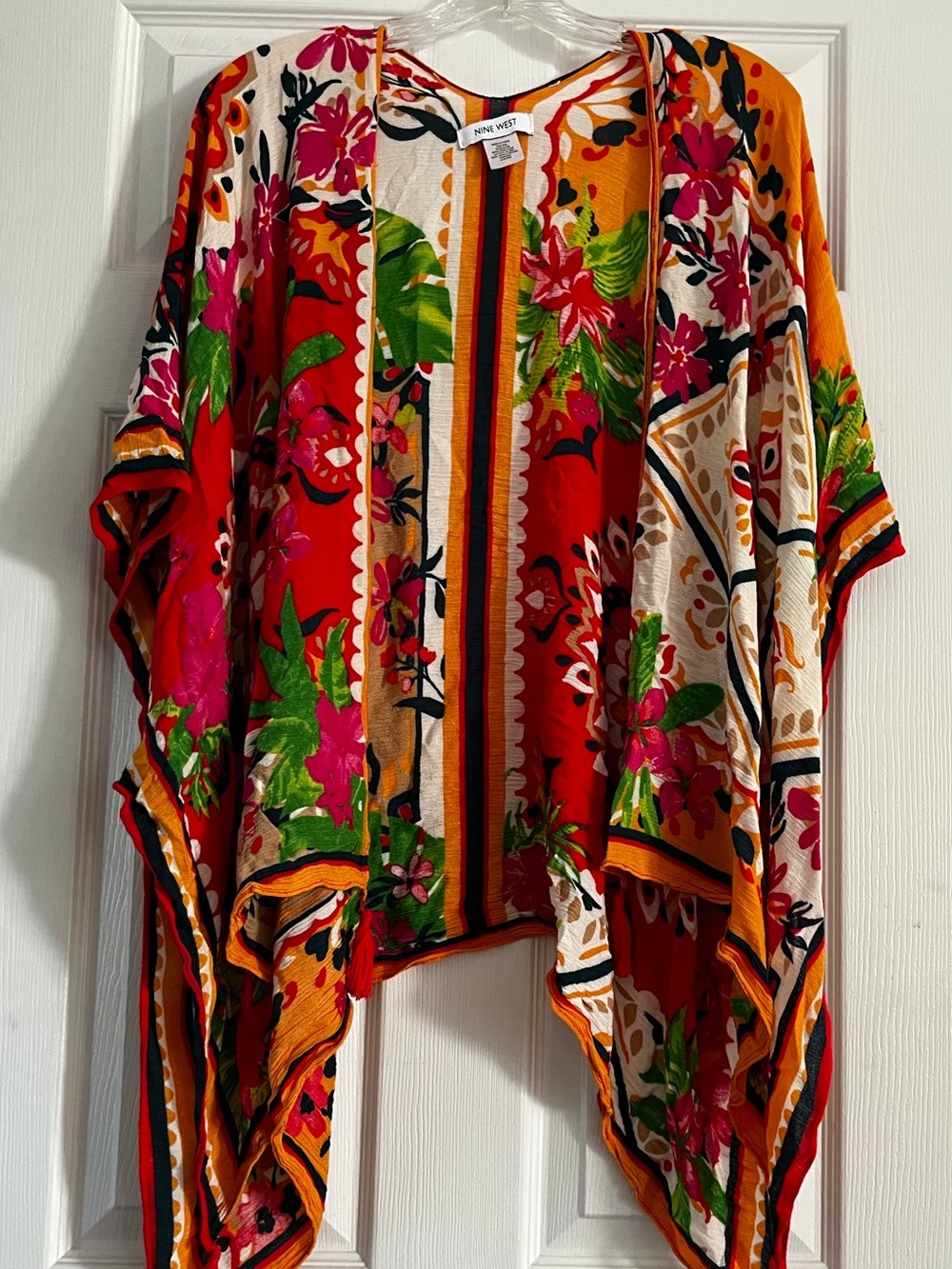 Nine West Bright Floral Tassel Kimono in Red, Orange & Green